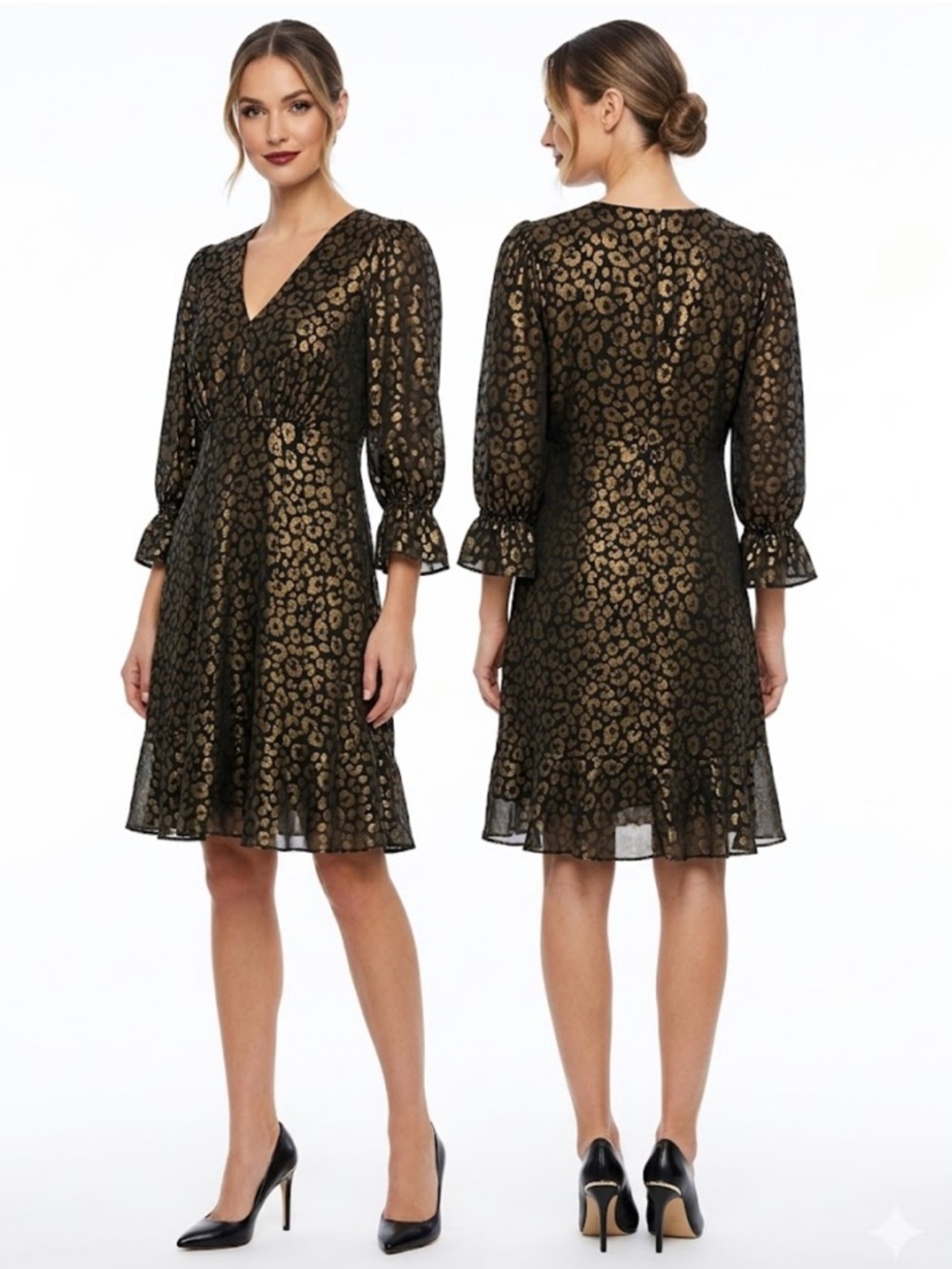 Harper Rose ,Black and Gold Metallic Leopard V-Neck Fit & Flare Dress